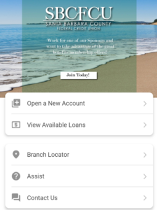 SBCFCU mobile interface, with a main call to action of joining the credit union