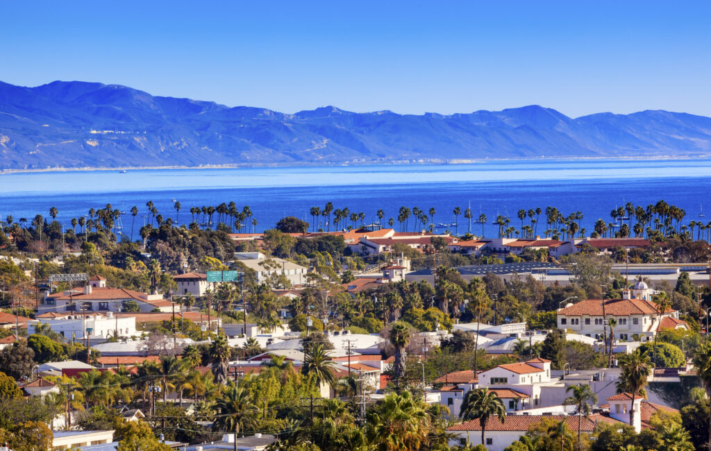 Aerial neighborhood views of the Santa Barbara coastline on the Pacific Ocean