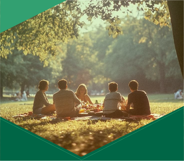 Friends gathered for a picnic in a sunny park